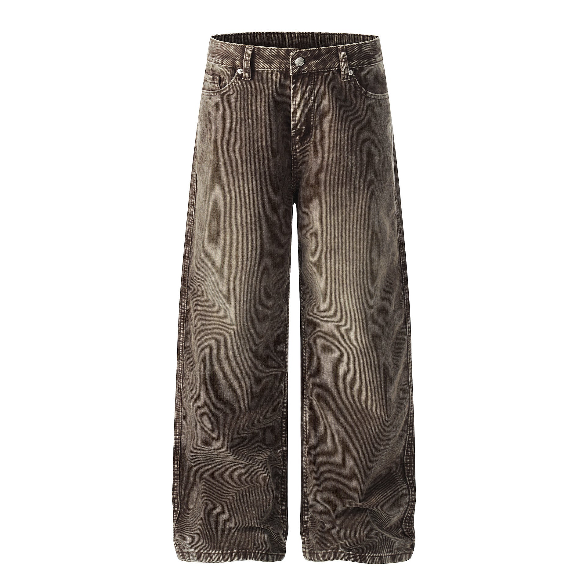 Men's vintage washed wide-leg corduroy pants in grey and coffee brown, front and back view