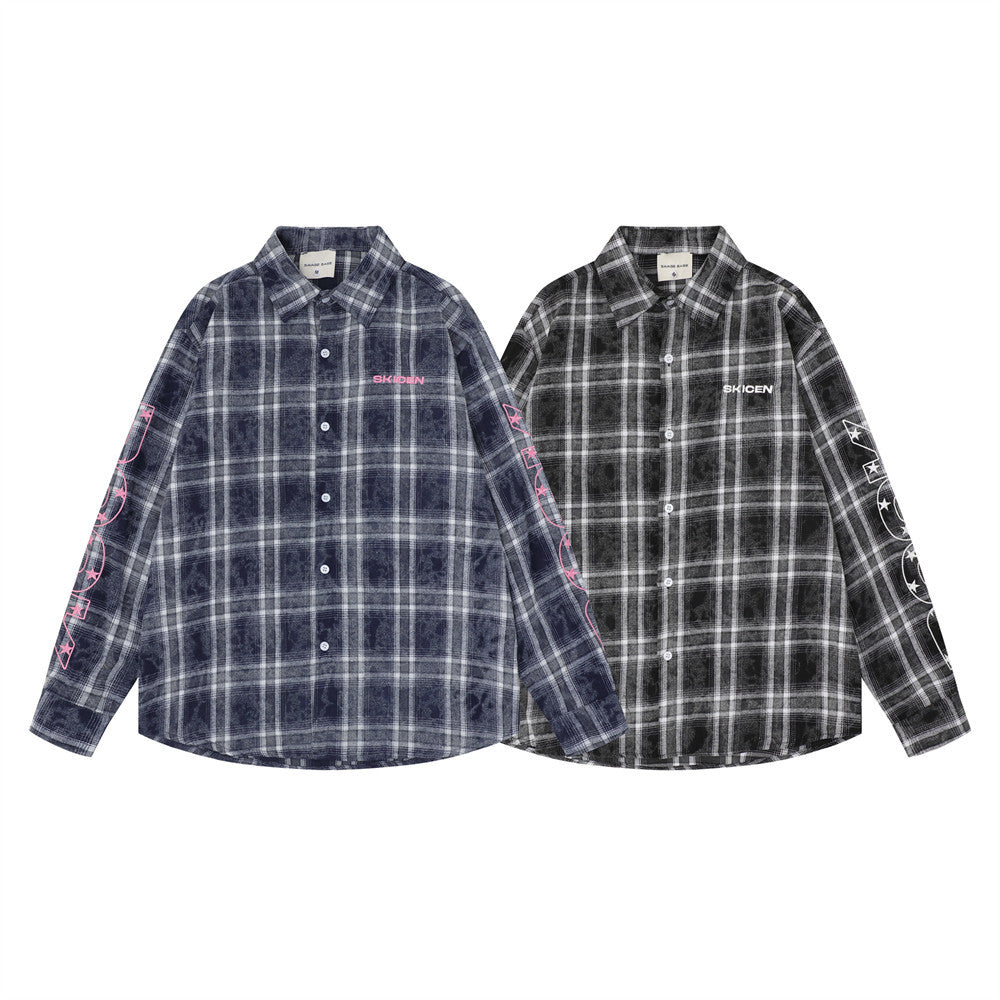 Two plaid long sleeve button-up flannel shirts in navy and black with chest logos