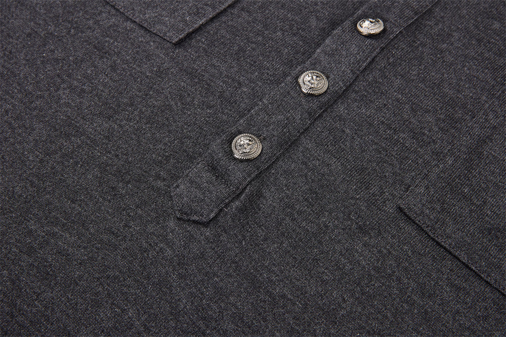 Men's Henley Long Sleeve T-Shirt with Metal Buttons & Dual Chest Pockets
