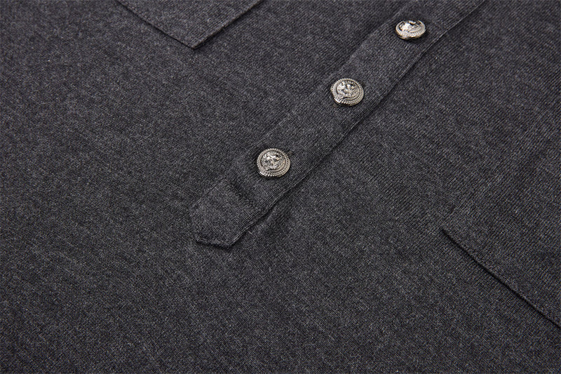 Men's Henley Long Sleeve T-Shirt with Metal Buttons & Dual Chest Pockets