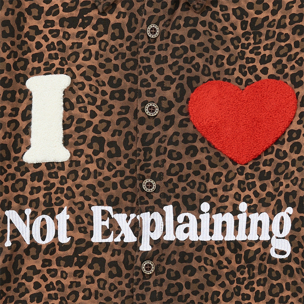 Leopard Print Short Sleeve Shirt with Heart Flocking Patch – Oversized Hip Hop B