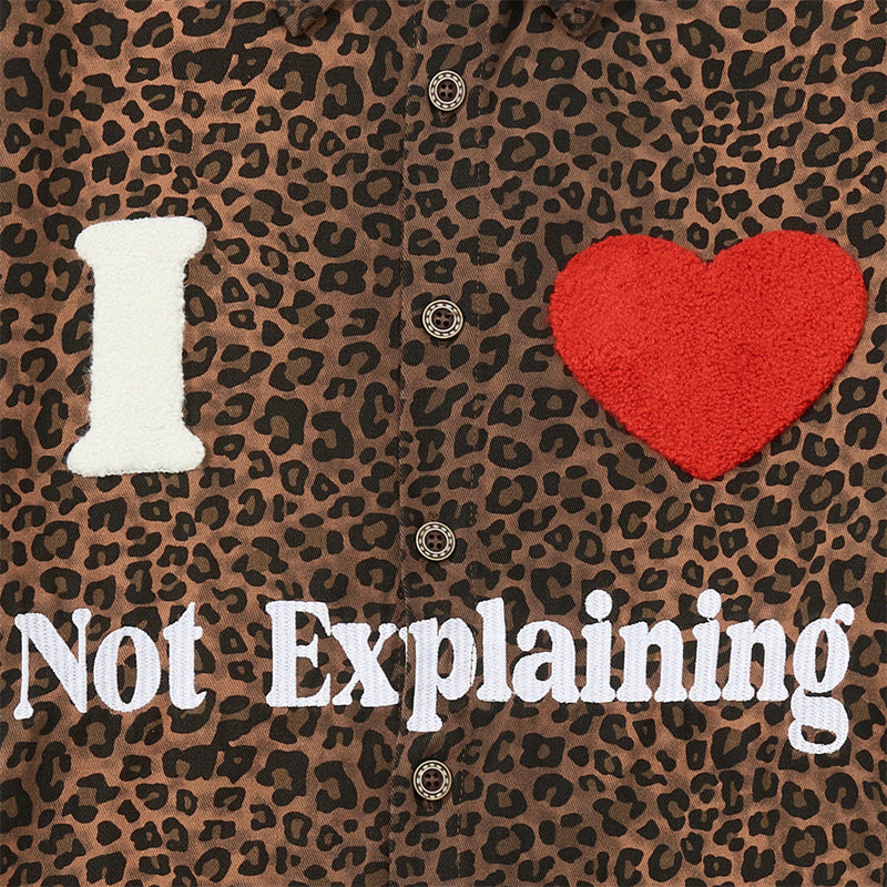 Leopard Print Short Sleeve Shirt with Heart Flocking Patch – Oversized Hip Hop B