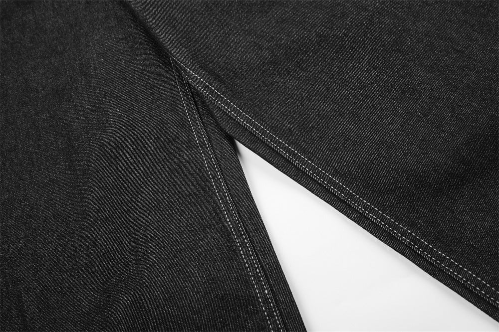 Men's Wide-Leg Jeans – Loose Fit Dark Black Denim with Back Script Embroidery &