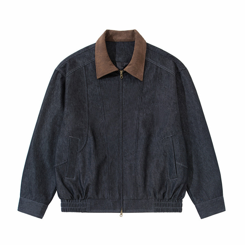 Mens Black Denim Jacket with Contrast Brown Collar & Dual Zip Closure