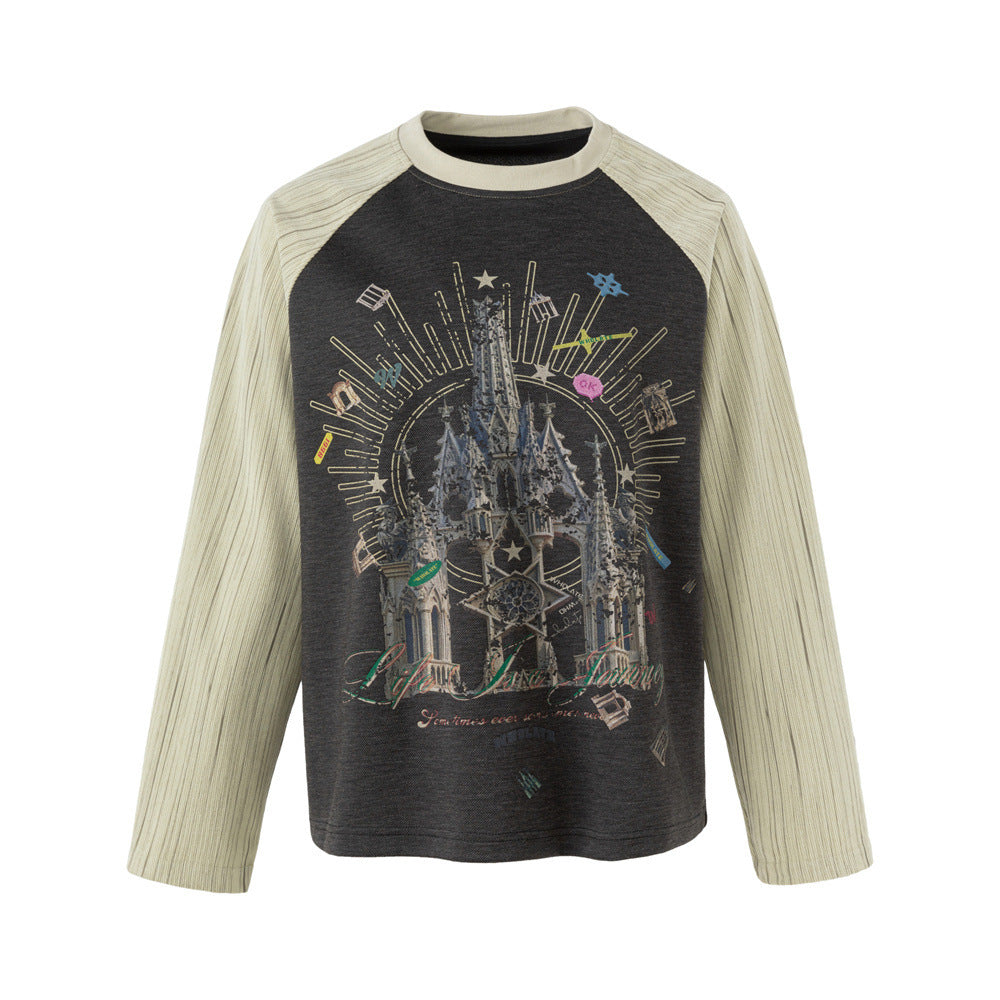Long Sleeve Raglan T-Shirt with Gothic Castle Print – Contrast Sleeve Colorblock