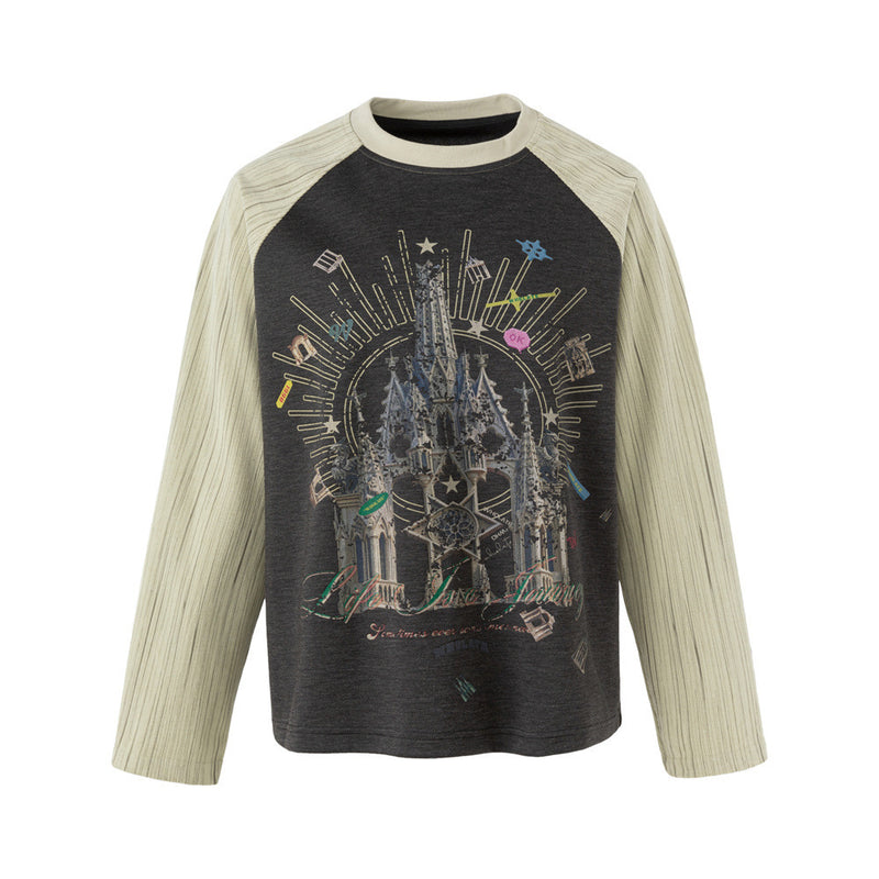 Long Sleeve Raglan T-Shirt with Gothic Castle Print – Contrast Sleeve Colorblock