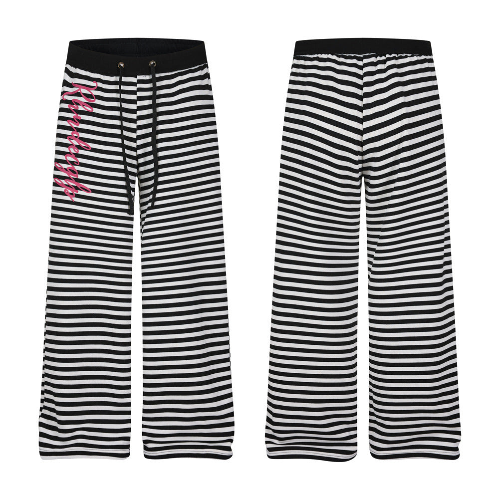 Black & White Striped Wide-Leg Pants with Drawstring Waist