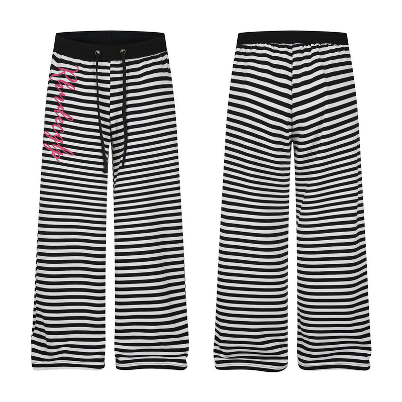Black & White Striped Wide-Leg Pants with Drawstring Waist