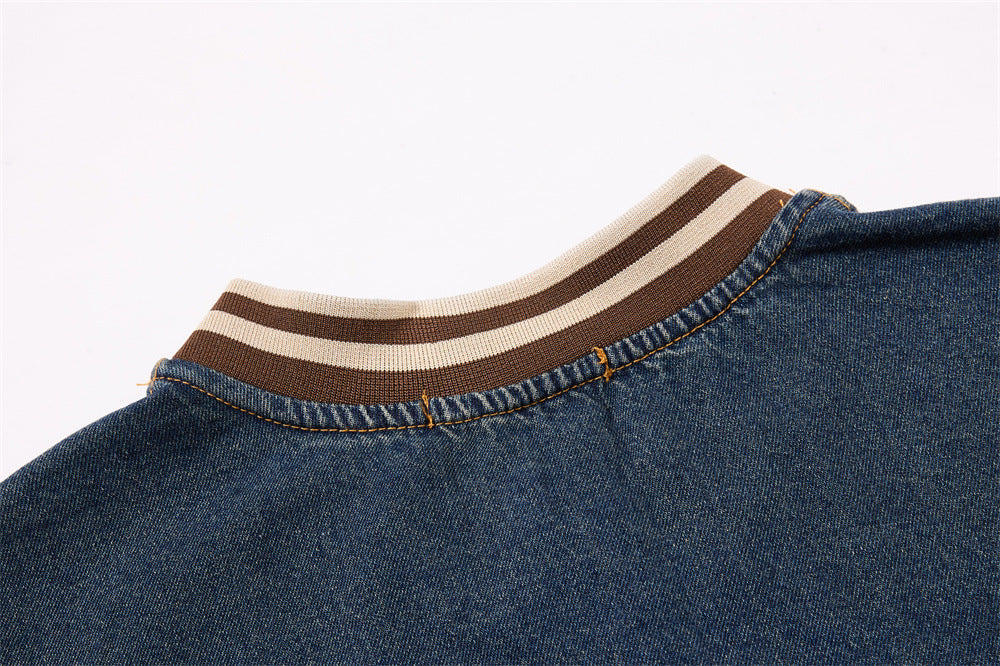 Vintage Washed Denim Sweatshirt – V-Neck Baseball Embroidery Oversized Pullover