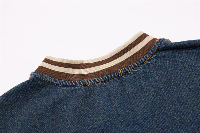 Vintage Washed Denim Sweatshirt – V-Neck Baseball Embroidery Oversized Pullover