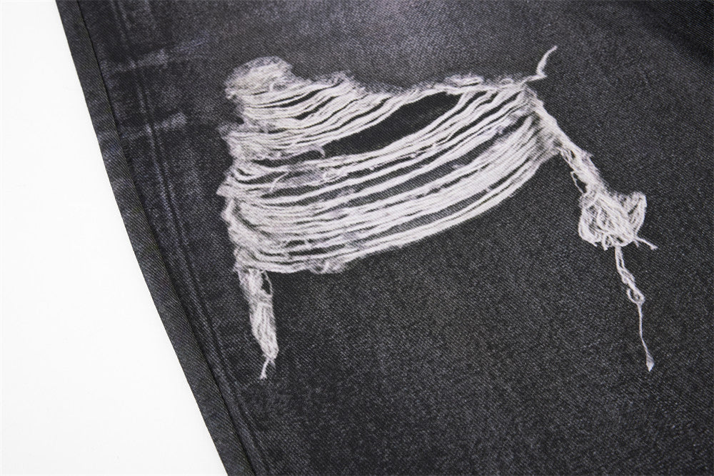 Wide-Leg Distressed Jeans with Faux Double Waistband & Star Detail