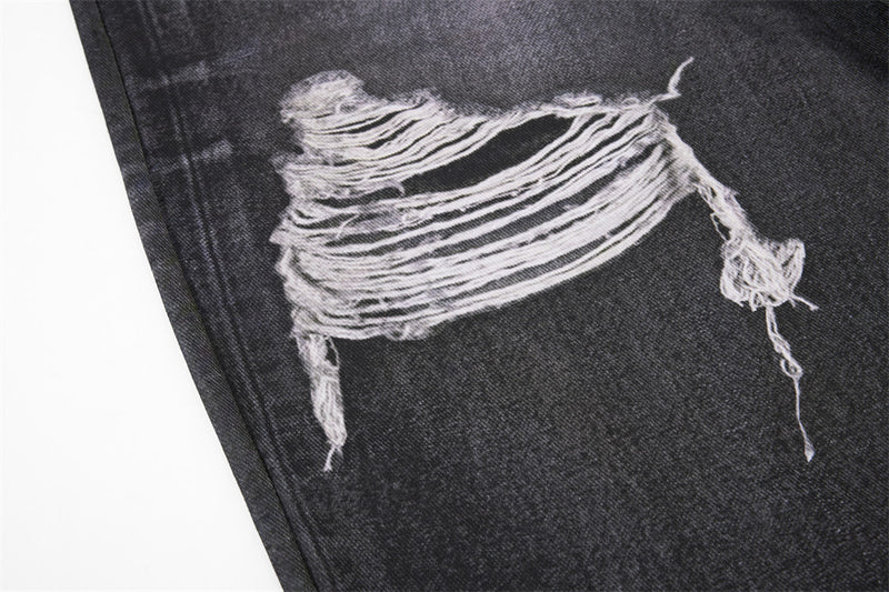 Wide-Leg Distressed Jeans with Faux Double Waistband & Star Detail