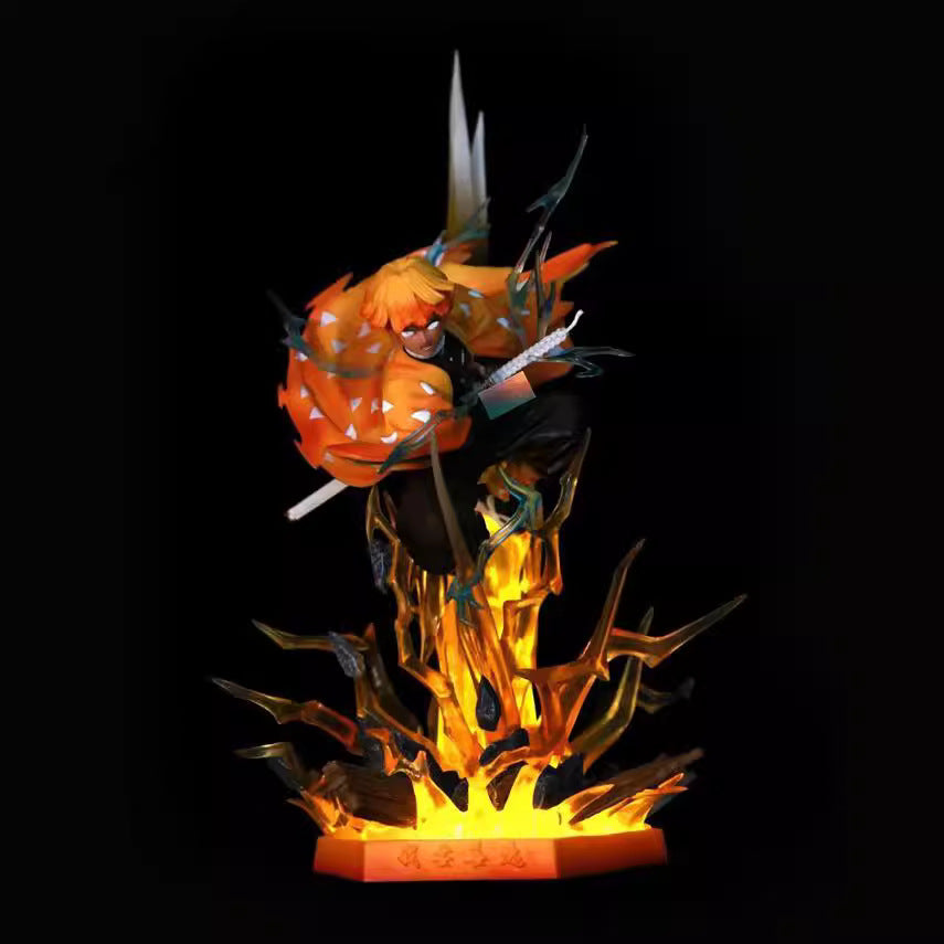 The Demon Slayer Rengoku Kyojuro Flame Hashira Figure, crafted from high-quality PVC and standing at 350mm, depicts the anime character with spiky orange hair and a checkered cloak. It features light-up eyes and an orange-lit base for a dramatic pose surrounded by lightning effects.