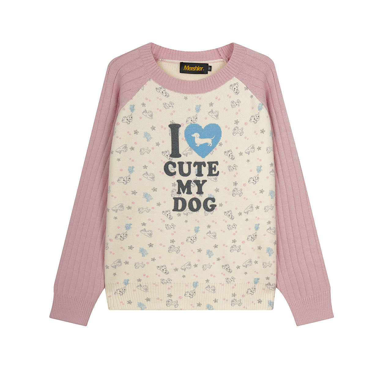 Cream knit crew neck sweater with pink raglan sleeves and all-over puppy print, front view