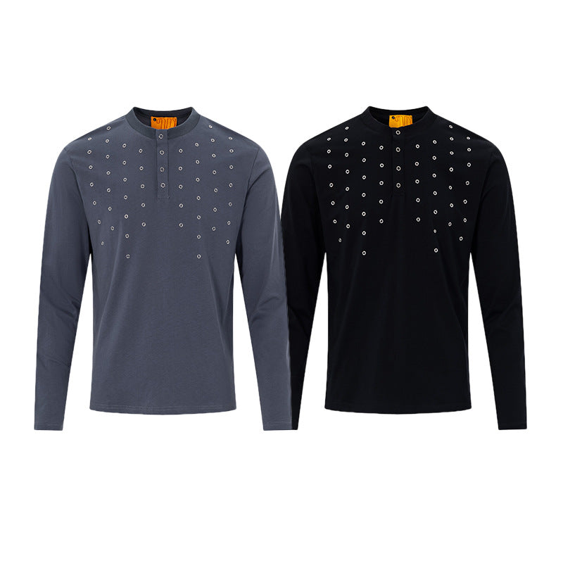 Camisa Henley de Manga Larga para Hombre con Detalles de Ojales – Corte Slim, Estilo Americano Retro
