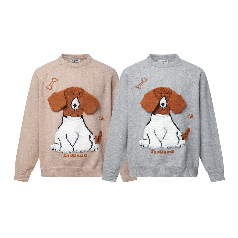 Cartoon Dog Jacquard Crew Neck Sweater – Oversized Knit Pullover