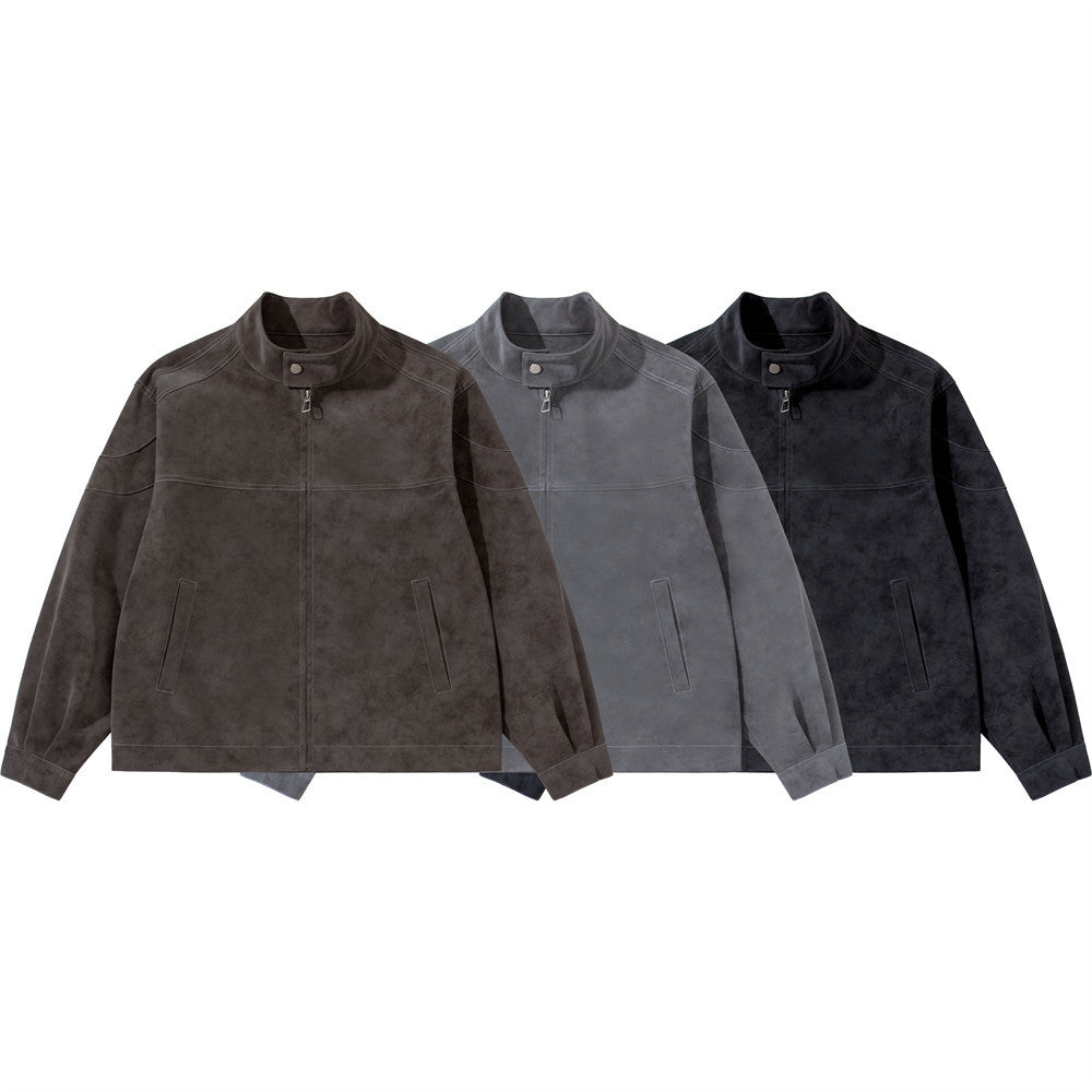 Men's Moto-Style Stand Collar PU Suede Jacket – Oversized Fit
