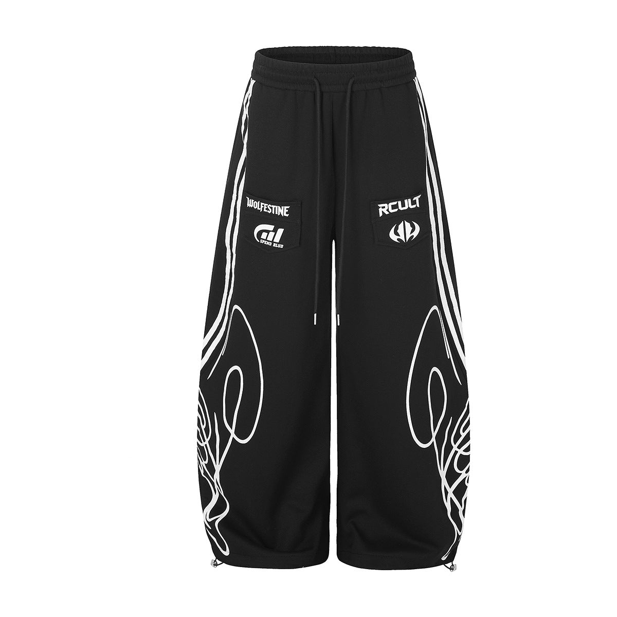 Schwarze Streetwear-Sweathose mit weitem Bein, weißem Graffiti-Print, Seitenstreifen und aufgestickten Marken-Patches auf der Vorderseite