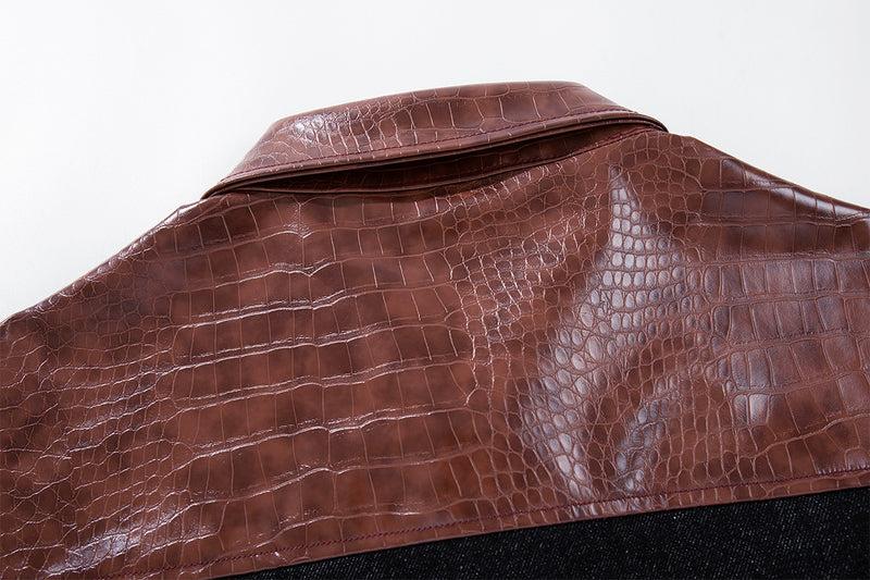 Boxy Raw Denim Jacket with Crocodile-Embossed Leather Panels