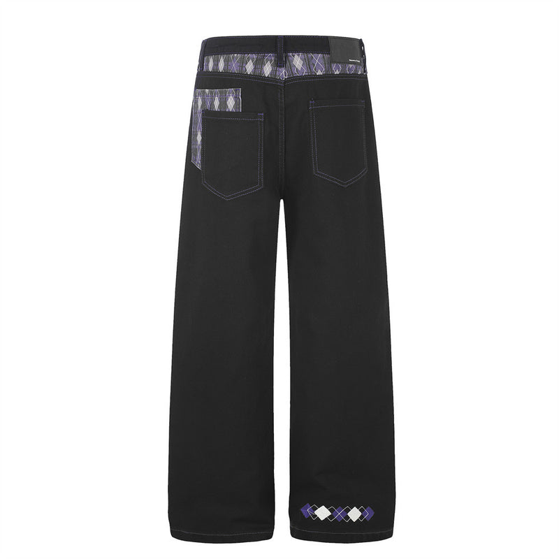 Wide-Leg Jeans with Argyle Patchwork Waistband and Hem Detail