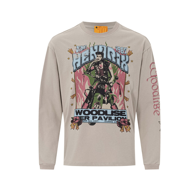 Camiseta Vintage de Manga Larga con Gráfico Moto – Estampado del Concierto de Jimi Hendrix de 1967