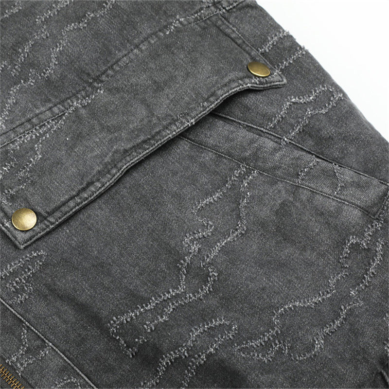 Gewaschene Denim-Pufferjacke mit Kapuze und Kunstfellbesatz – Used-Camo-Stitching