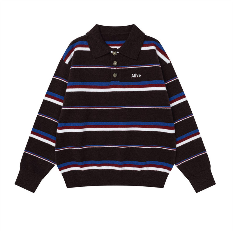 Men's Striped Polo Collar Knit Sweater – Relaxed Fit Long Sleeve