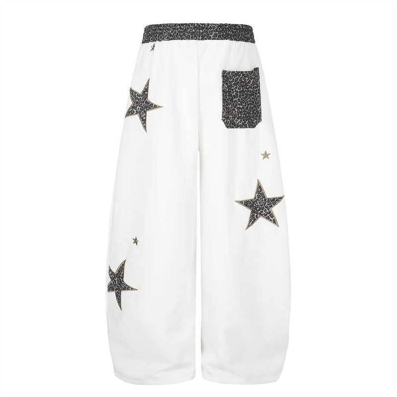 Wide Leg Star Patch Sweatpants with Leopard Print Waistband