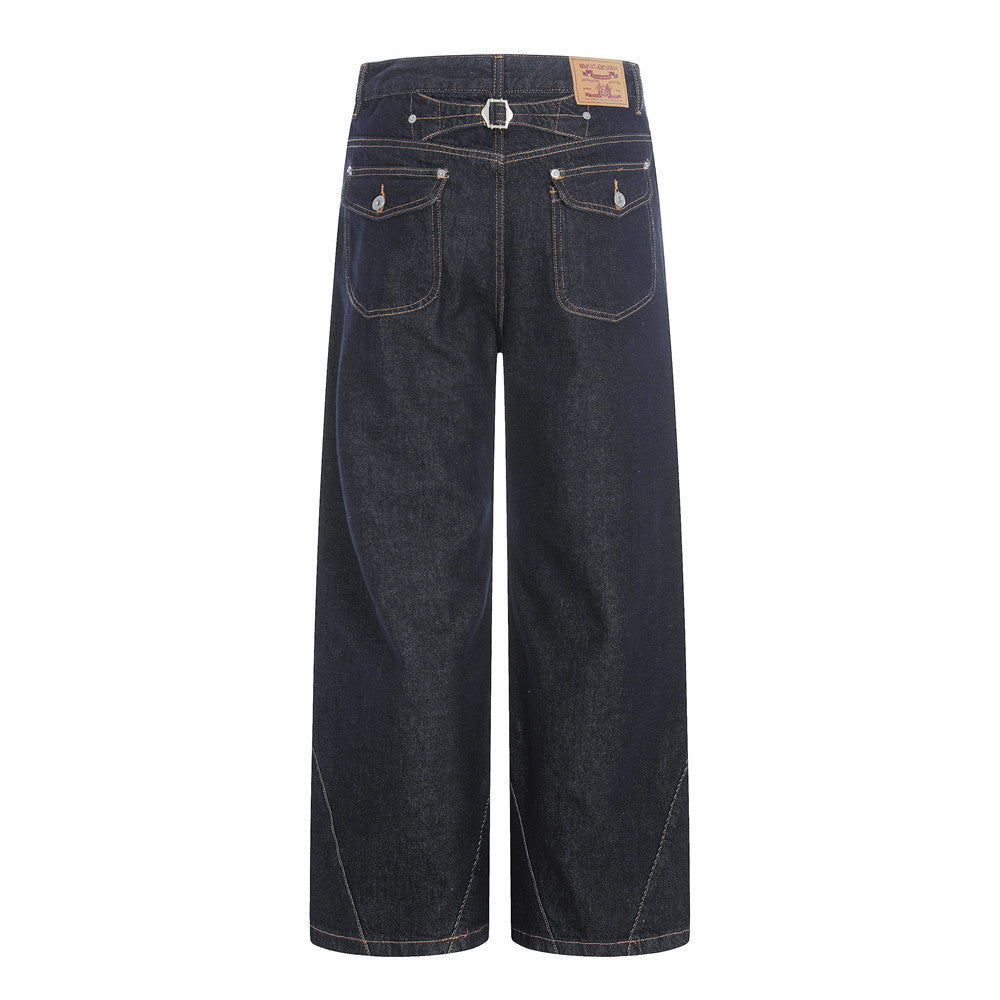 Wide-Leg Raw Denim Jeans – High Street Diagonal Seam Detail