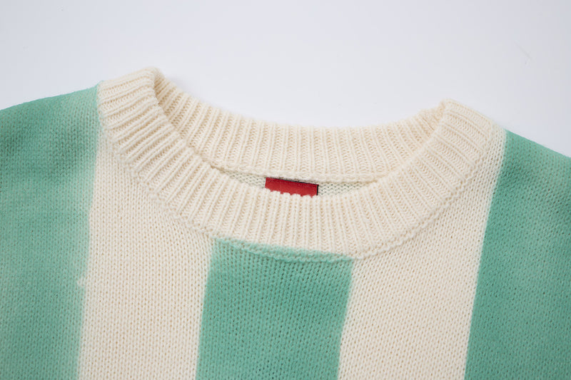 Pull en maille rayé et délavé – Col rond oversize, streetwear vintage américain