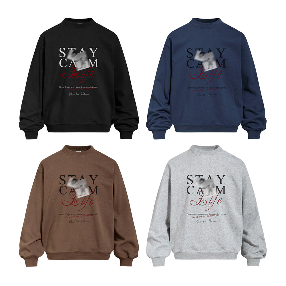 Oversized Stay Calm Life graphic crewneck sweatshirt in heather grey with bold serif and red script chest print