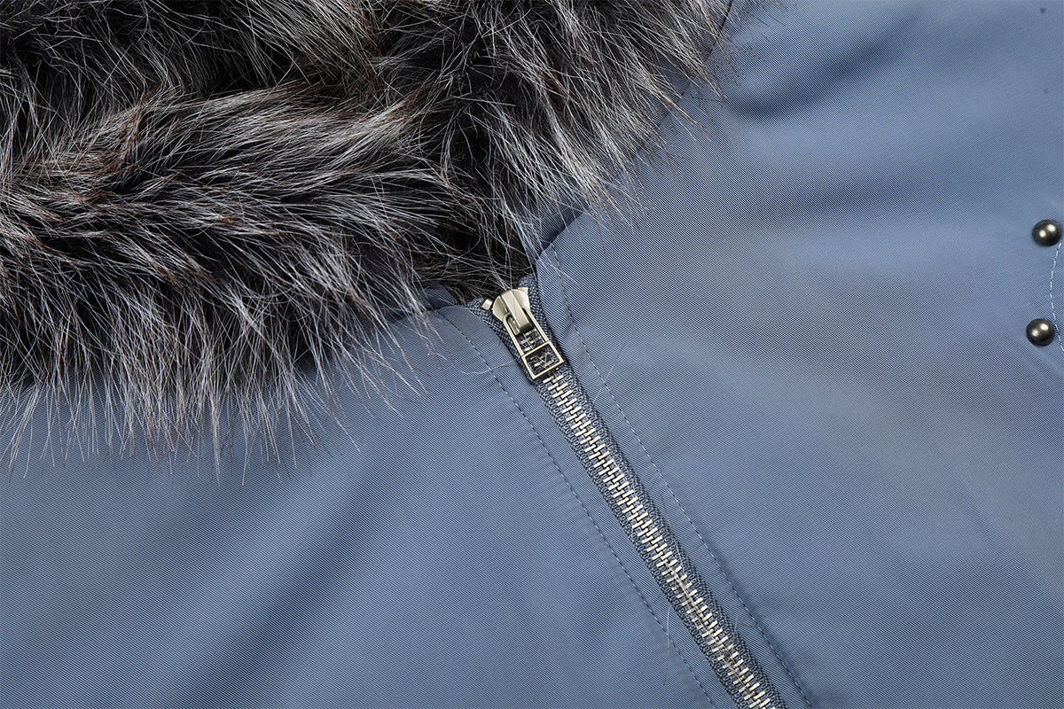 Studded Puffer Bomber Jacket with Faux Fur Hood