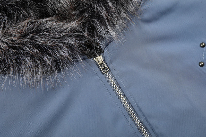 Studded Puffer Bomber Jacket with Faux Fur Hood