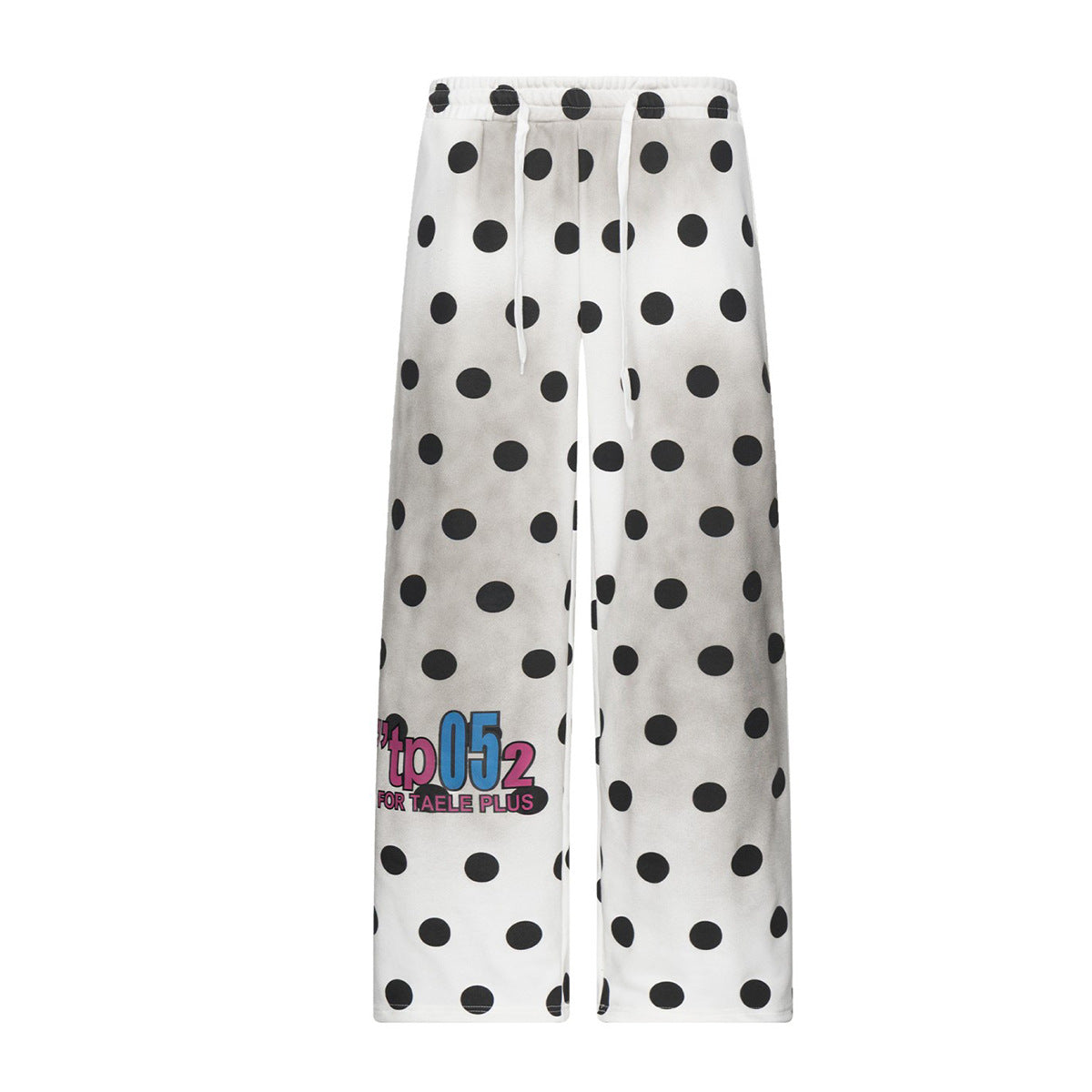 Pantalon de survêtement blanc délavé à l’acide, coupe large, imprimé pois noirs et taille à cordon, vue de face