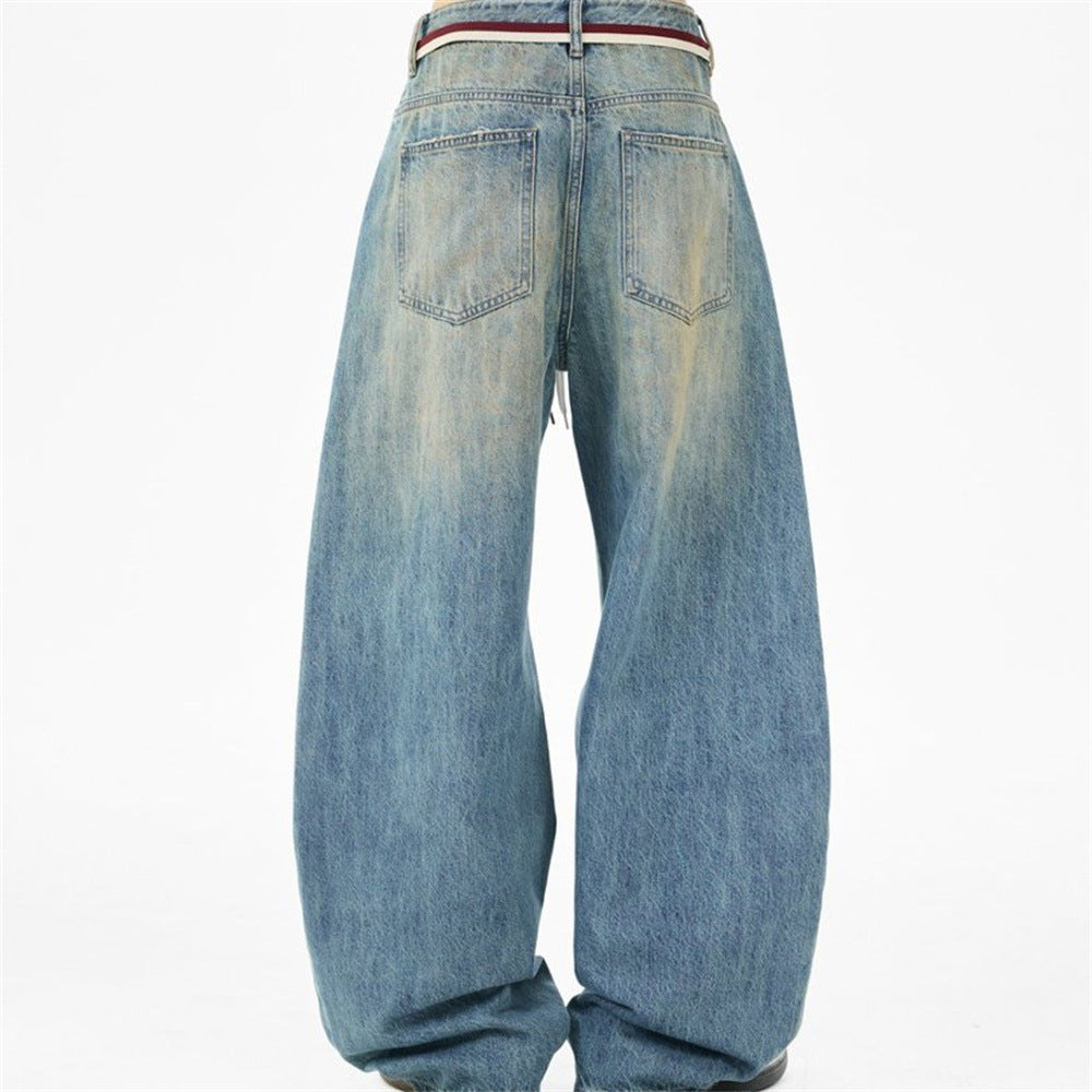 Men's Vintage Washed Wide-Leg Barrel Jeans – Oversized Streetwear Denim with