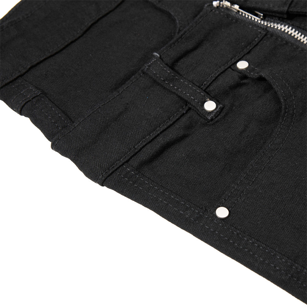 Men's Black Double Waistband Bell Bottom Flare Jeans with Diagonal Zipper