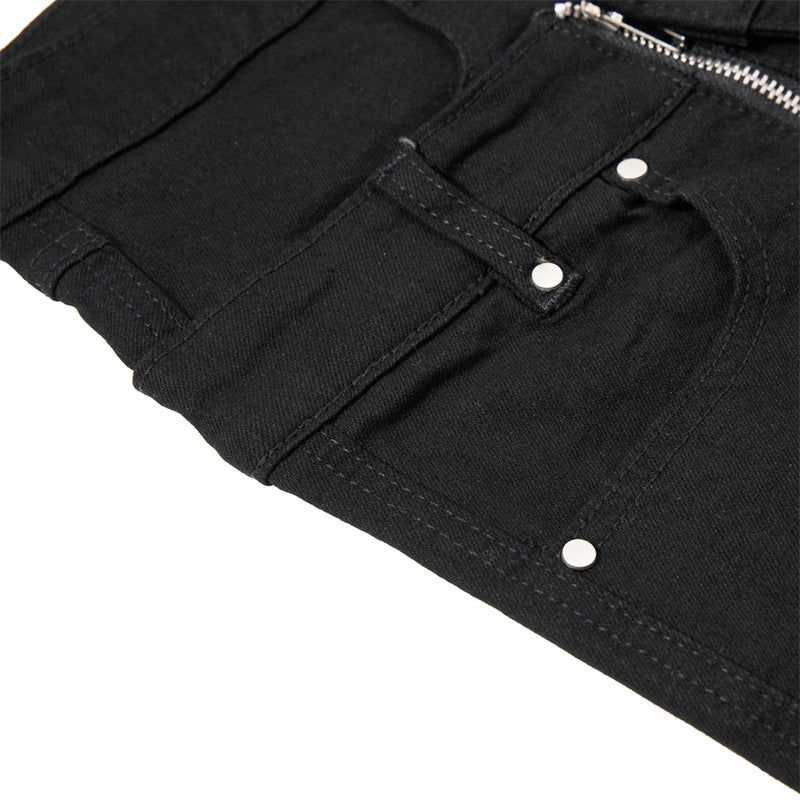 Men's Black Double Waistband Bell Bottom Flare Jeans with Diagonal Zipper