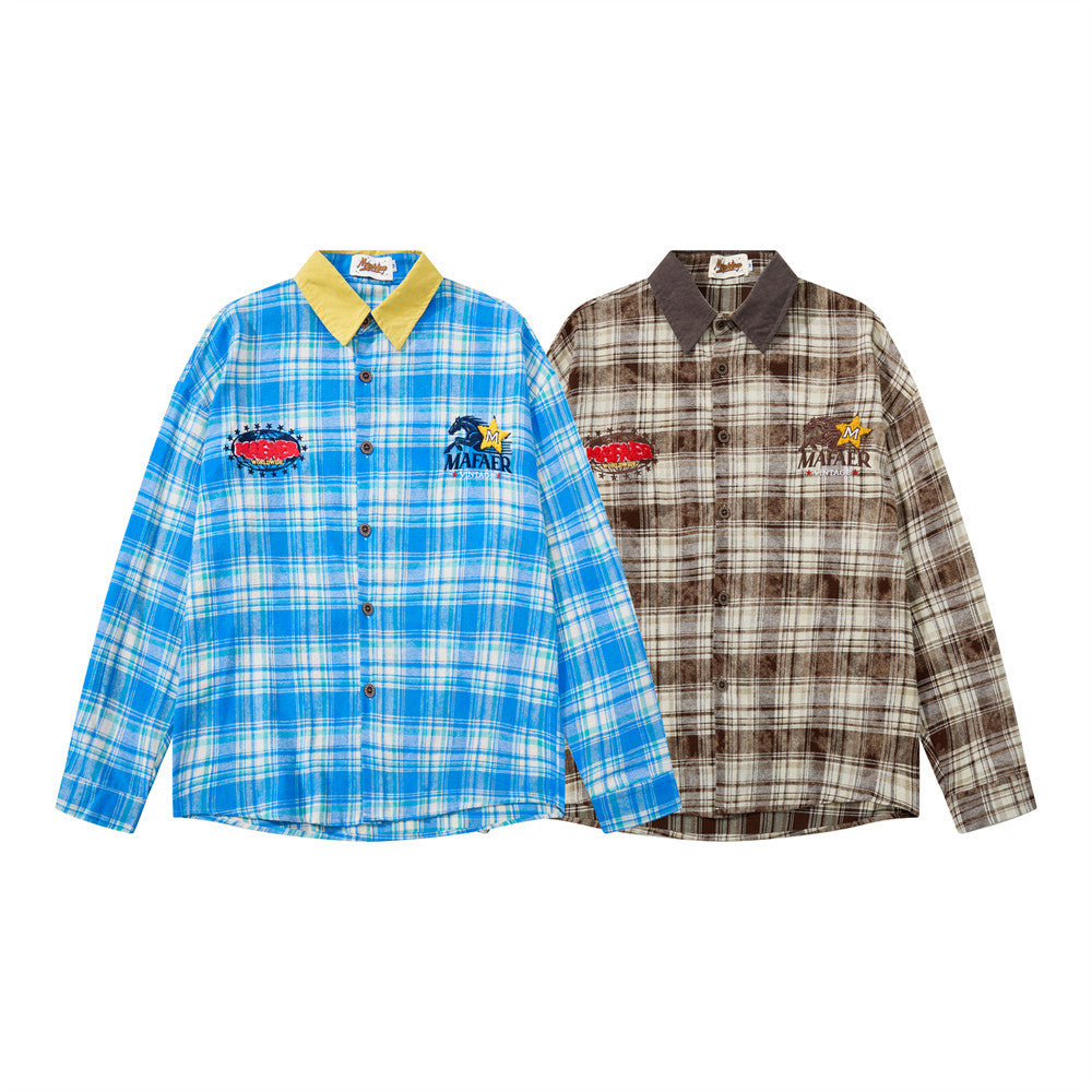 Men Long Sleeve Button Down Shirt Plaid Vintage Embroidered Flannel Overshirt