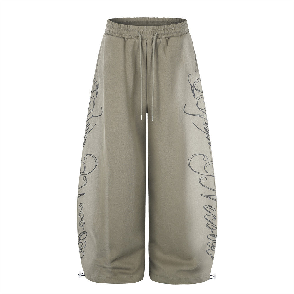 Wide-Leg Sweatpants with Cursive Script Print and Drawstring Hem