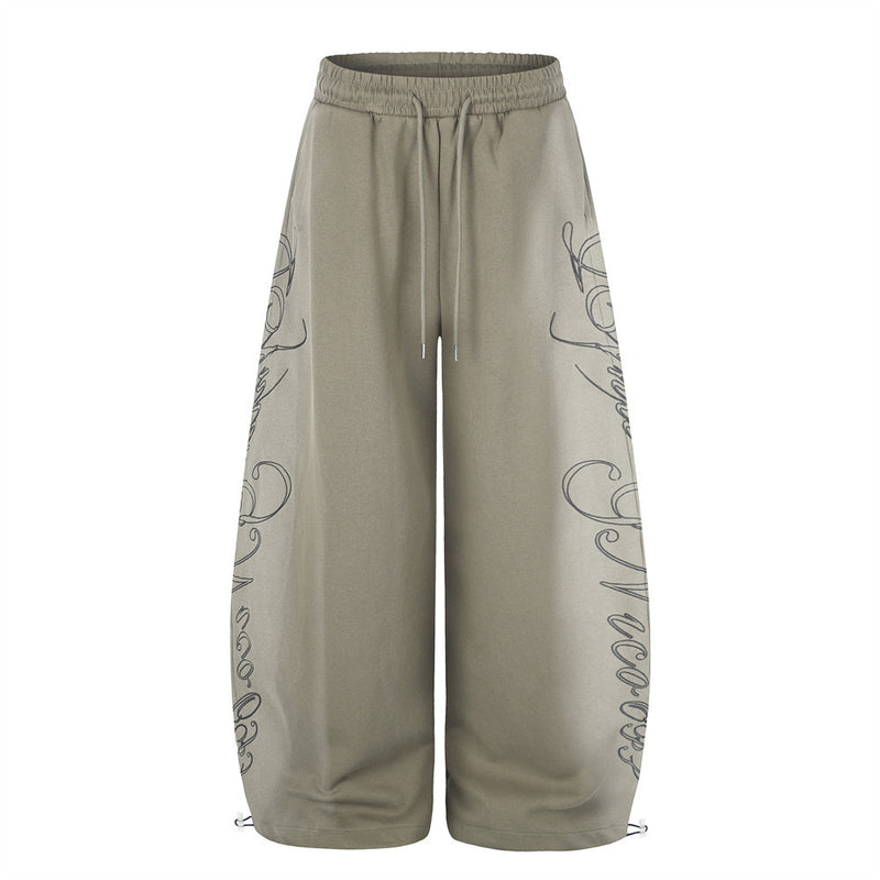 Wide-Leg Sweatpants with Cursive Script Print and Drawstring Hem