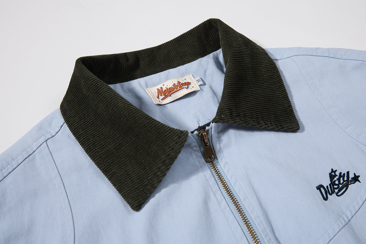 Retro American Washed Zip-Up Jacket with Corduroy Collar