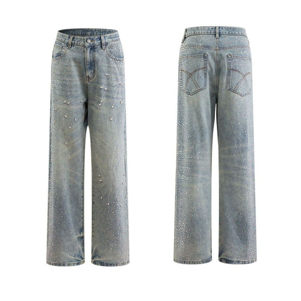 Men's wide-leg straight-cut light blue washed denim jeans with all-over rhinestone starburst embellishment, front and back vi