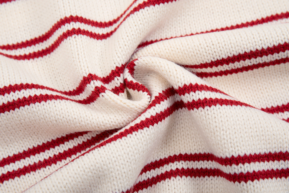 Striped Polo Knit Sweater with Cartoon Embroidery – Relaxed Unisex Pullover