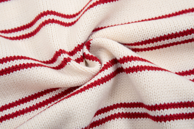 Striped Polo Knit Sweater with Cartoon Embroidery – Relaxed Unisex Pullover