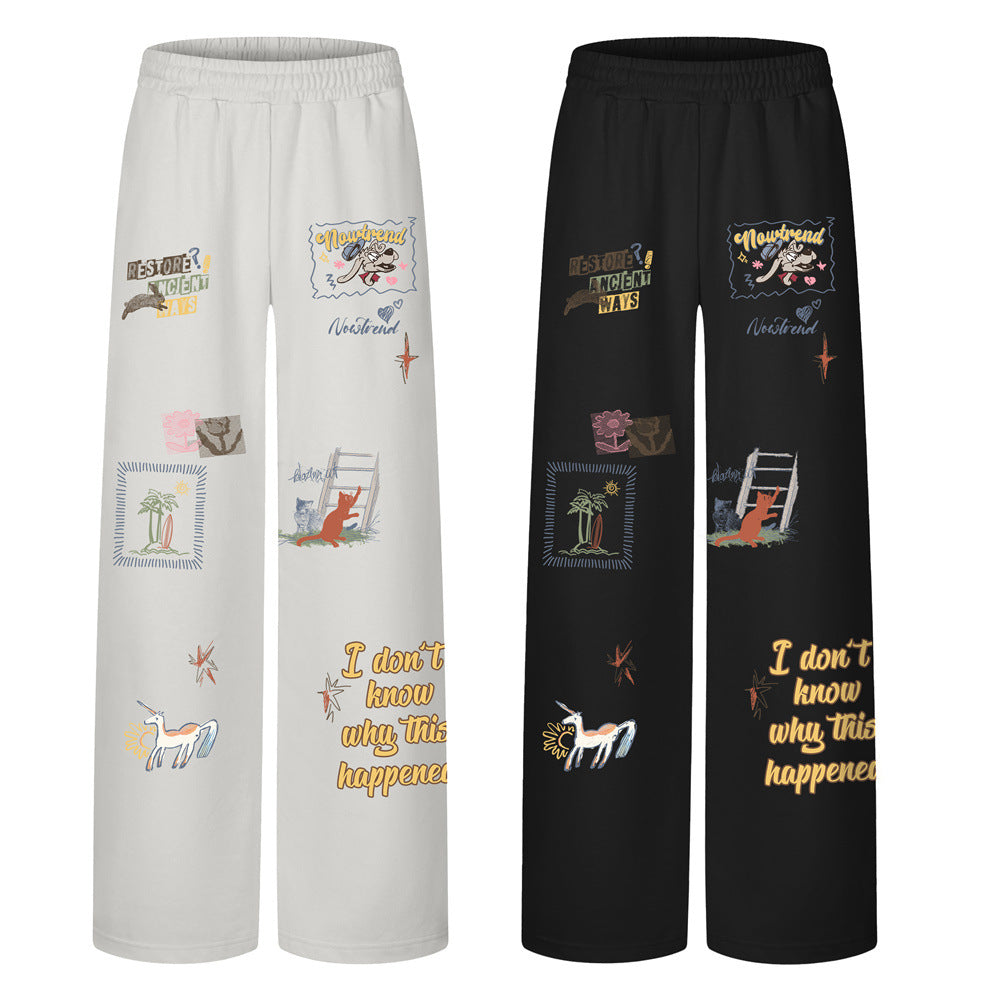 Cartoon Graphic Print Wide-Leg Sweatpants – Men's Relaxed Fit Hip-Hop Jogger