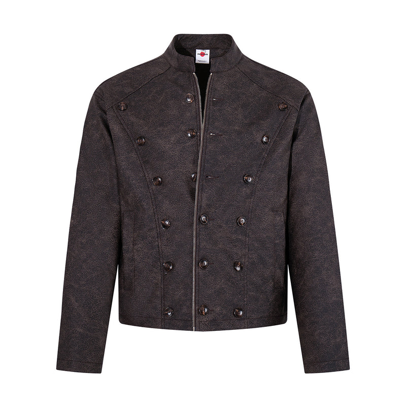 Double-Breasted PU Leather Moto Jacket – Vintage Napoleon Style
