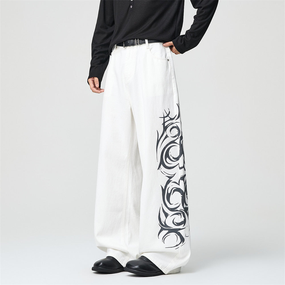 Tribal Print Wide-Leg Jeans – Men's Streetwear Straight Baggy Pants