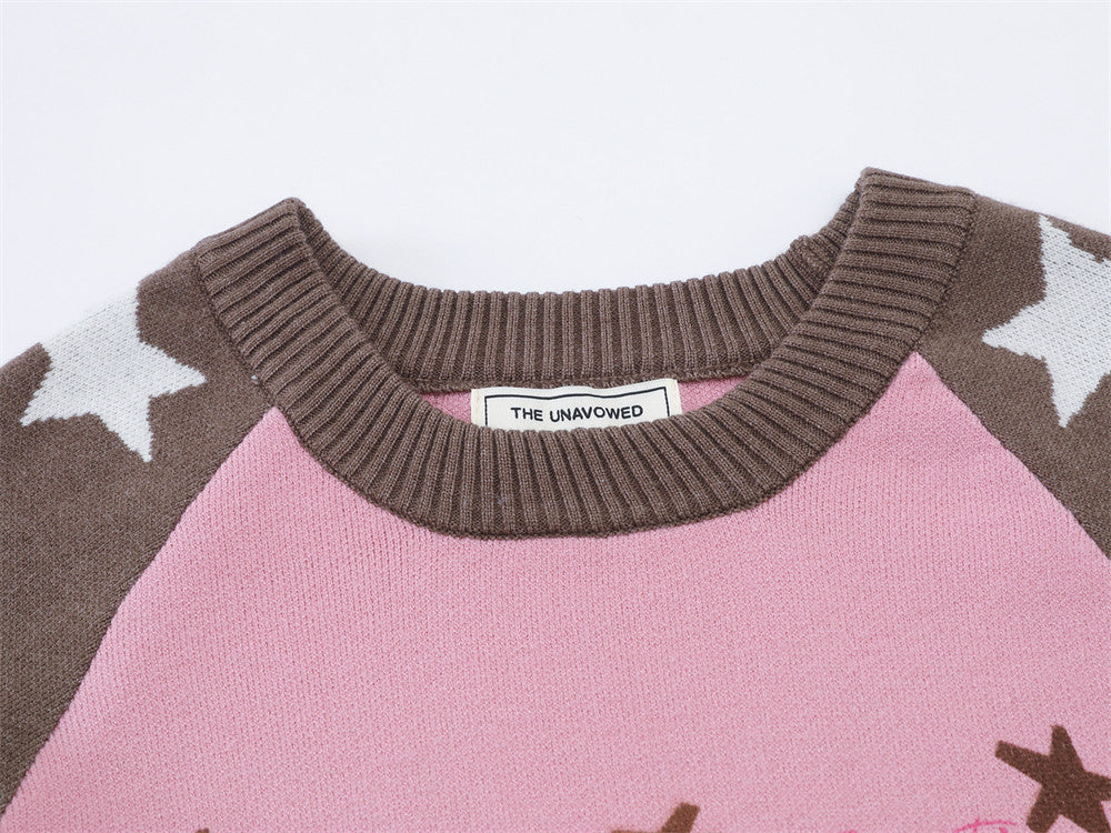 Long Sleeve Sweater Men Star Colorblock Raglan Crew Neck Knit Pullover