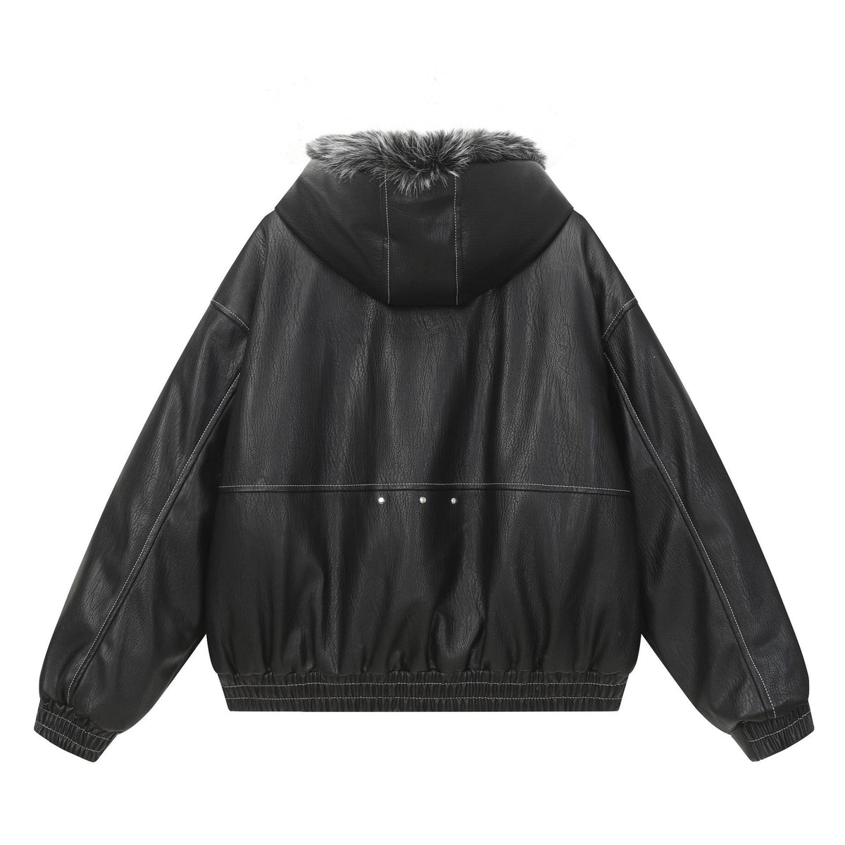 Faux Leather Hooded Bomber Jacket with Faux Fur Collar & Padded Lining