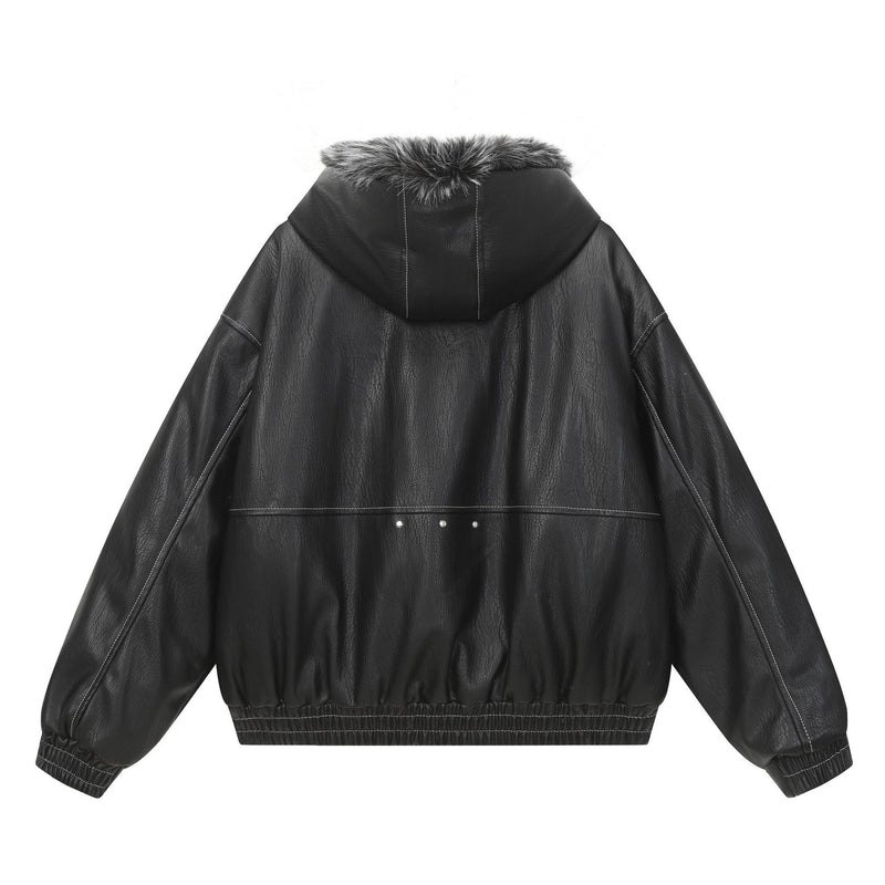 Faux Leather Hooded Bomber Jacket with Faux Fur Collar & Padded Lining